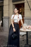 Chân váy xòe xếp ly denim cạp cao