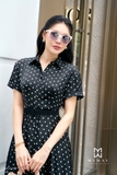 (2 màu) Đầm sơ mi Lụa hoạ tiết chấm bi kèm đai