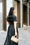 (2 màu) Đầm sơ mi Lụa hoạ tiết chấm bi kèm đai