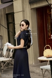 Chân váy xòe dập ly công sở denim