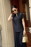 Chân váy xòe dập ly công sở denim