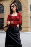 (2 màu) Áo kiểu ôm vừa phối cổ cách điệu