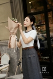 Áo cotton ôm ngắn tay viền cổ ghi