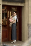Áo cotton ôm ngắn tay viền cổ ghi