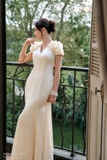 (3 màu) Đầm đuôi cá dáng cổ V dáng tay ngắn đính hoa
