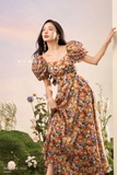 Đầm xoè voan tay bồng hoạ tiết hoa