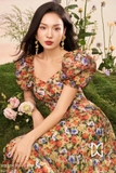 Đầm xoè voan tay bồng hoạ tiết hoa