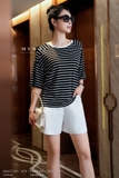 Áo Cotton cổ tròn họa tiết kẻ ngang