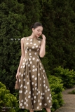 (2 màu) Đầm xòe rủ họa tiết chấm bi cổ thuyền