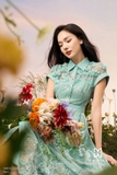 Đầm sơ mi ren hoa vai chờm