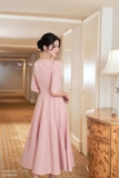 (2 màu) Đầm xòe dáng cổ tròn dài qua bắp