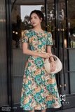 Đầm xoè hoa Gabadine ngắn tay cổ lệch