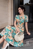 Đầm xoè hoa Gabadine ngắn tay cổ lệch