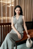 (2 màu) Áo kiểu Cotton không tay cúc mạ