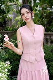 (3 màu) Áo Gile cổ tim không tay túi giả trang trí