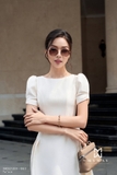(2 màu) Đầm dự tiệc xanh coban ngắn tay kèm đai