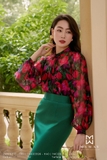 Áo sơ mi cổ tàu phối họa tiết hoa