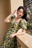 Đầm xoè voan tay bồng hoạ tiết hoa