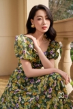 Đầm xoè voan tay bồng hoạ tiết hoa