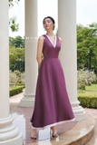 Đầm xòe cổ V không tay dài qua bắp