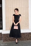 (2 màu) Đầm tiệc xếp ly taffeta cổ thuyền