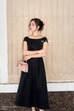 (2 màu) Đầm tiệc xếp ly taffeta cổ thuyền