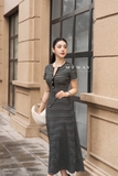 Đầm xoè rủ cổ tròn cách điệu kẻ ngang