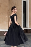 (2 màu) Đầm tiệc xếp ly taffeta cổ thuyền