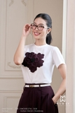 (6 màu) Áo cotton dáng cổ tròn phối hoa 3D