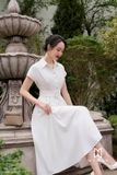 (2 màu) Đầm sơ mi xòe rủ tay chờm có đai