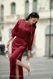 Chân váy Lụa chữ A đính hoa hồng xẻ cao