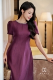 (2 màu) Đầm xoè sự tiệc ngắn tay cổ đính ngọc