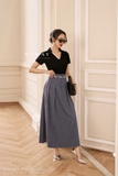 Chân váy xòe xếp ly denim cạp cao