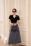 Chân váy xòe xếp ly denim cạp cao