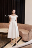 (2 màu) Đầm tiệc xếp ly taffeta cổ thuyền