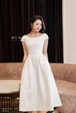 (2 màu) Đầm tiệc xếp ly taffeta cổ thuyền