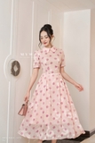 Đầm xòe chấm bi cổ sen tay ngắn
