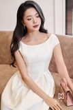 (2 màu) Đầm tiệc xếp ly taffeta cổ thuyền