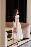 (2 màu) Đầm tiệc xếp ly taffeta cổ thuyền