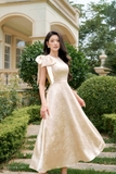 (2 màu) Đầm xòe dáng cổ tròn phối đính nơ