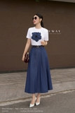 (5 màu) Áo cotton dáng cổ tròn phối hoa 3D
