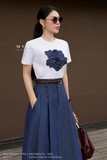 (5 màu) Áo cotton dáng cổ tròn phối hoa 3D