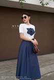 (5 màu) Áo cotton dáng cổ tròn phối hoa 3D