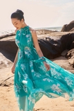 Đầm maxi tơ cổ yếm họa tiết hoa trắng