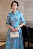Đầm xòe dáng cổ cách điệu dài qua bắp
