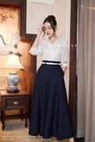 (3 màu) Chân váy xòe Cotton denim cạp cao công sở