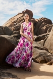 Đầm maxi hè hoa tím cổ V
