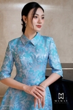 Đầm xòe dáng cổ cách điệu dài qua bắp