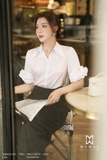 (2 màu) Áo sơ mi công sở cổ Đức tay đính hoa 3D