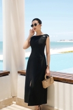 (2 màu) Đầm tiệc xoè cổ thuyền xẻ trước